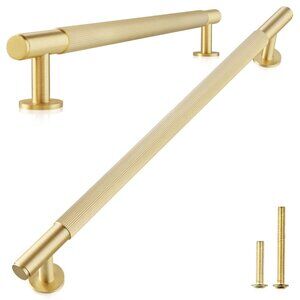 New QOGRISUN 1-Pack Solid Brass Cabinet Pulls, Grooved Gold Bar Handle